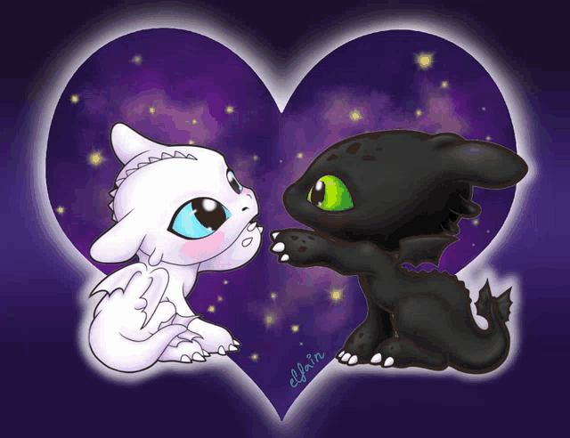 a drawing of toothless and light fury in front of a heart with the name ellain written on the bottom