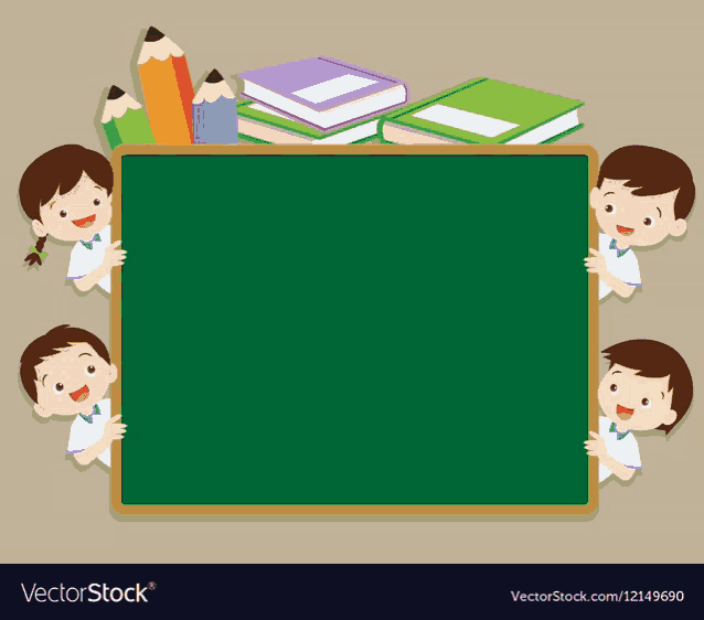 a group of children peeking out from behind a blackboard with books and pencils .