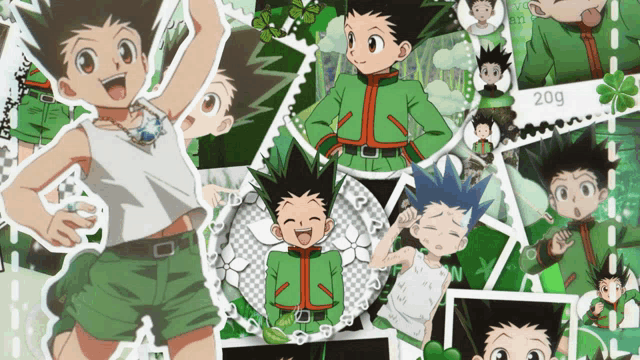 a collage of pictures of gon from hunter x hunter with the number 20g on the bottom right