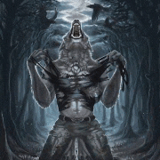 a werewolf is standing in a dark forest with his mouth open