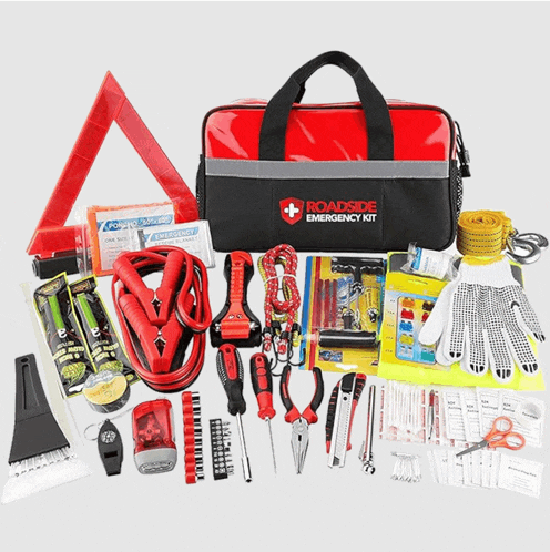 a roadside emergency kit is filled with tools