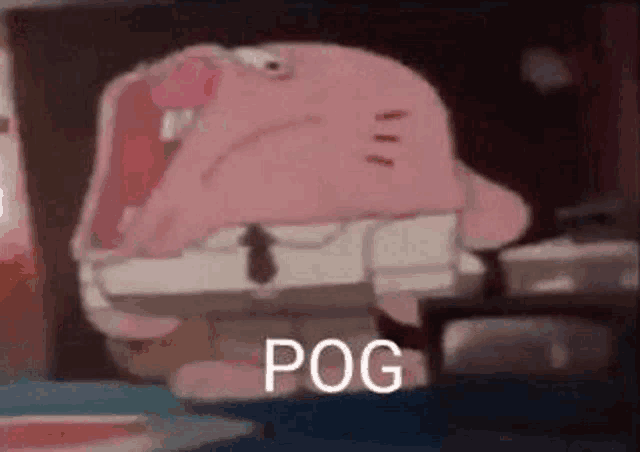 a close up of a cartoon character with its mouth open and the words `` pog '' written on it .