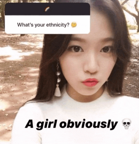 a girl 's face is behind a question about her ethnicity