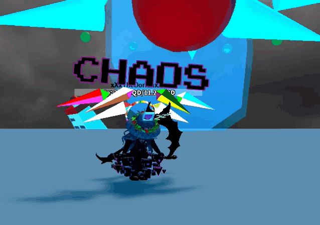 a video game character is standing in front of a sign that says " chaos "