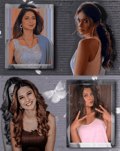 a collage of four pictures of a woman with a butterfly in the middle