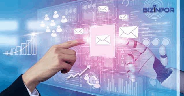 a hand pointing at an envelope on a screen that says bizinform