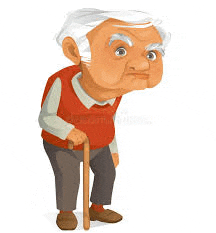 a cartoon illustration of an elderly man holding a cane and looking down .