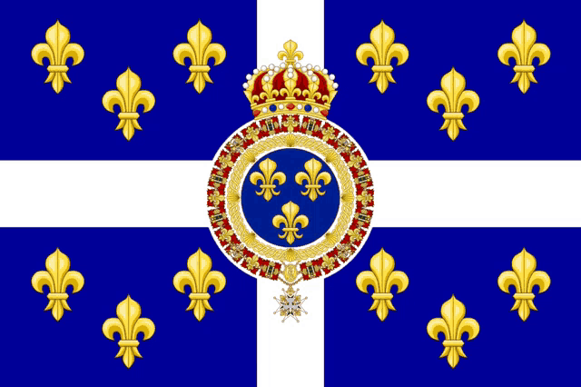 a blue and white flag with fleur de lis and a crown on it