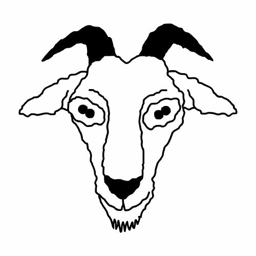 a black and white drawing of a goat 's head with horns