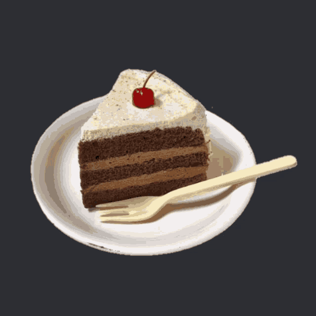 a slice of cake with a cherry on top on a white plate