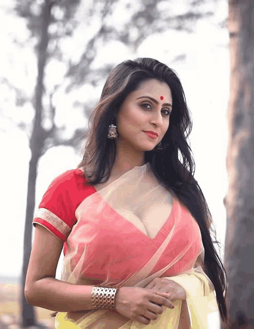 a woman with a red dot on her forehead is wearing a red blouse and a yellow saree