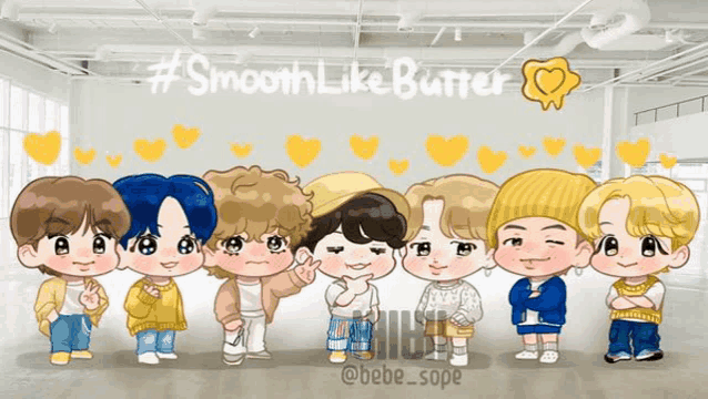 a group of cartoon characters are standing next to each other with the words smooth like butter written above them