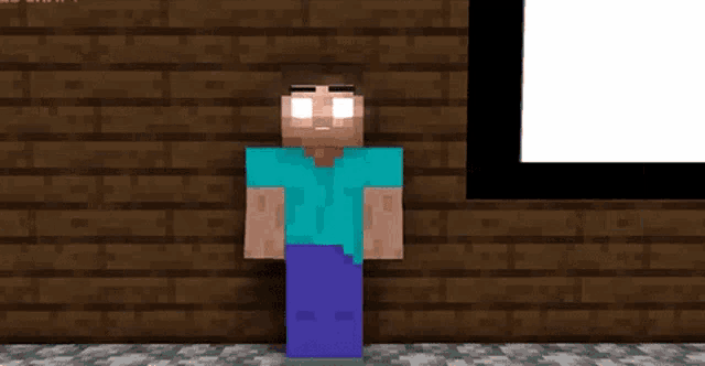 a minecraft character standing in front of a brick wall