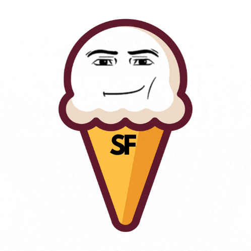 an ice cream cone with a face on it and the letter sf on it