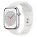 a close up of an apple watch with a white band and a clock on it .