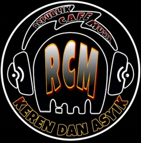 a logo for rcm keren dan asyik with headphones on a black background