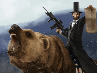 abraham lincoln riding on the back of a bear while holding a newspaper