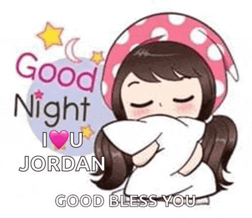 a cartoon girl is hugging a pillow and saying good night .