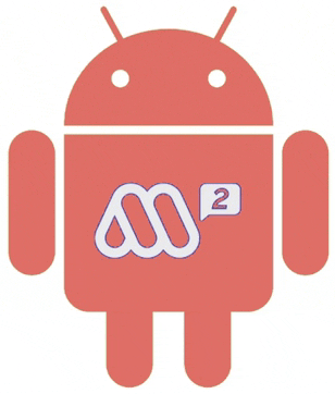 a red android icon with a speech bubble that says m2