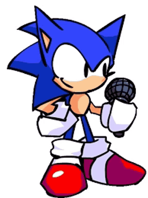 a cartoon drawing of sonic the hedgehog holding a microphone