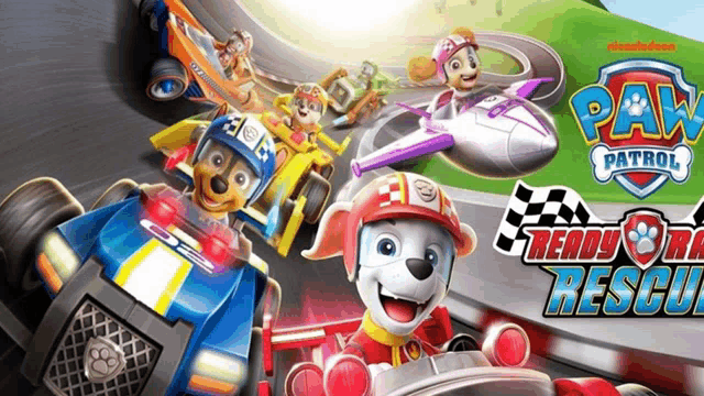 a poster for paw patrol ready to race rescue shows a group of dogs racing on a race track .