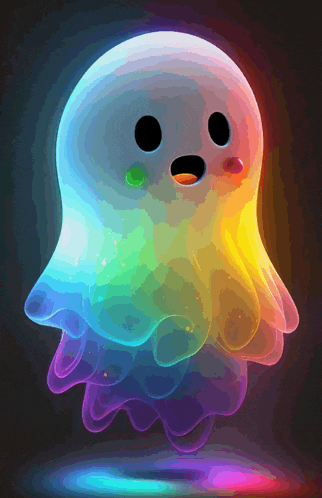 a rainbow colored ghost with a surprised expression on its face