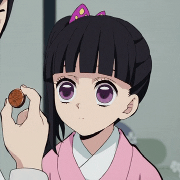 a girl with black hair and purple eyes is holding a coin