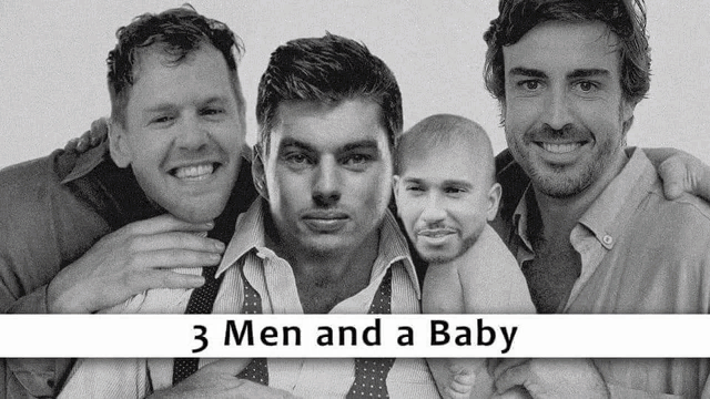 a black and white photo of three men and a baby with a caption that says 3 men and a baby