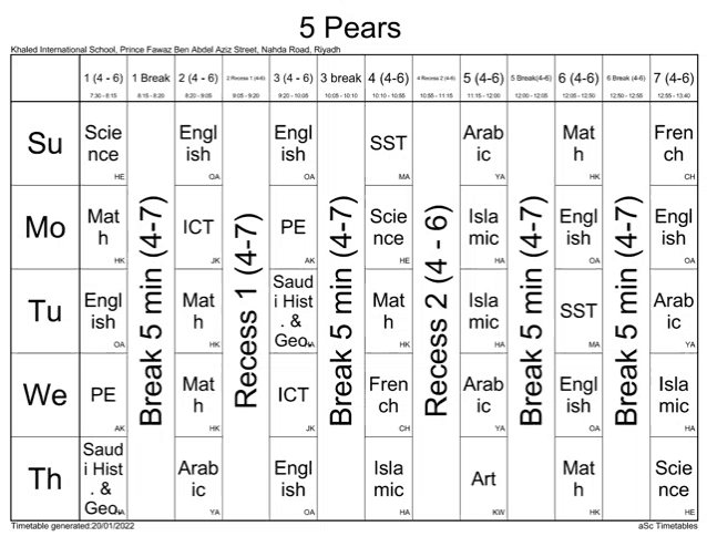 a schedule for 5 pears at khaled international school in riyadh