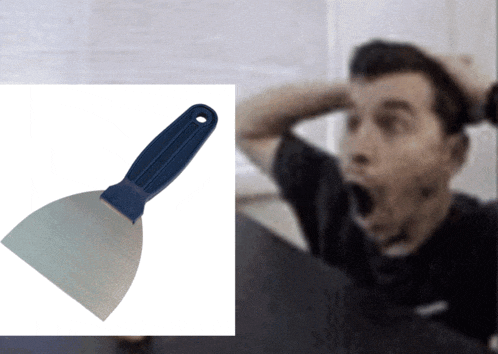 a man with his mouth open behind a spatula