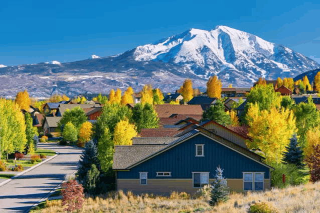 a house in a residential area with a snowy mountain in the background