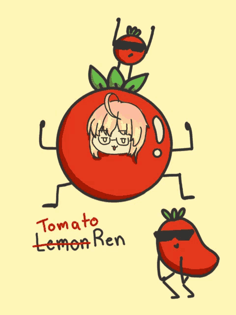 a drawing of a girl in a tomato with the words tomato lemon ren below