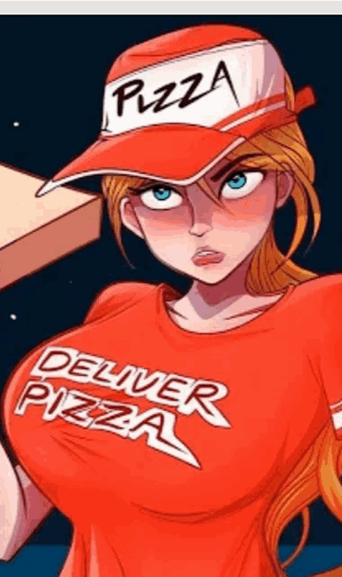 a cartoon girl wearing a red shirt that says delivery pizza