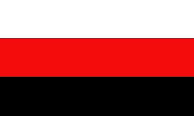 a red , white , and black flag is flying in the wind on a white background .