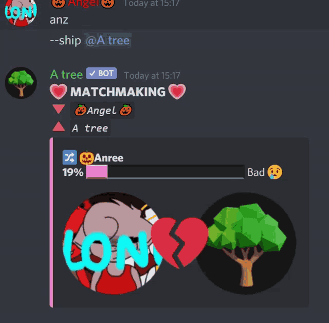 a screenshot of a discord conversation between anz and a tree