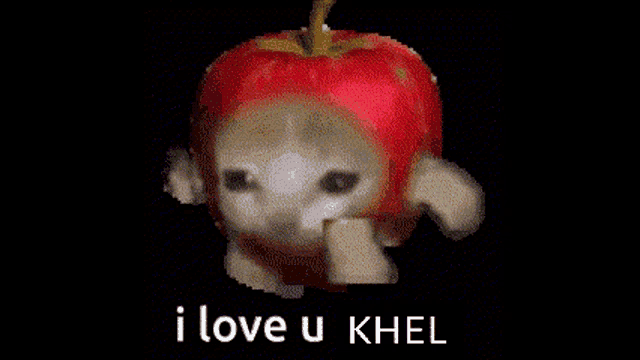 a stuffed animal is wearing an apple hat and says `` i love u khel ''