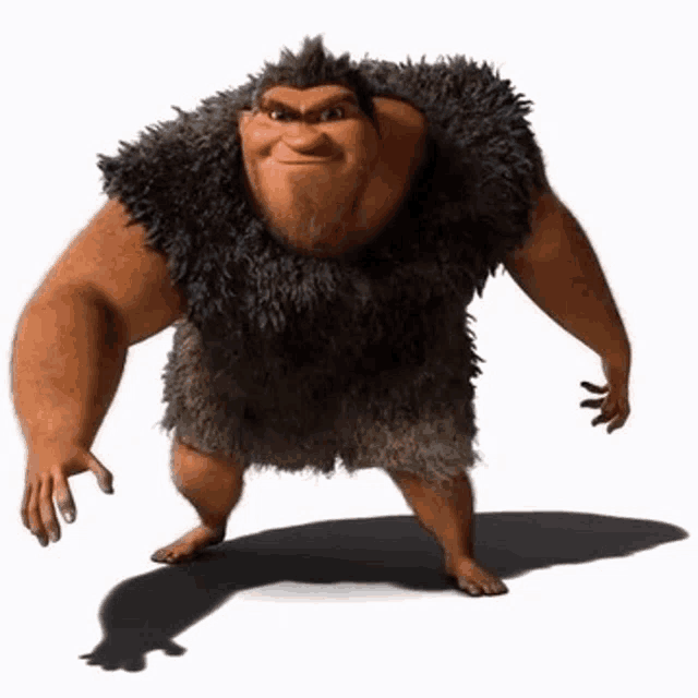 a caveman from the movie croods is standing on a white background .