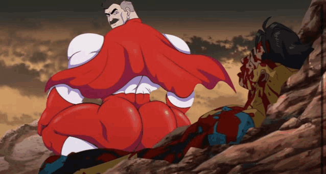 a cartoon of a man in a red cape standing next to a superhero laying on the ground