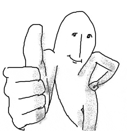 a black and white drawing of a cartoon character giving a thumbs up .