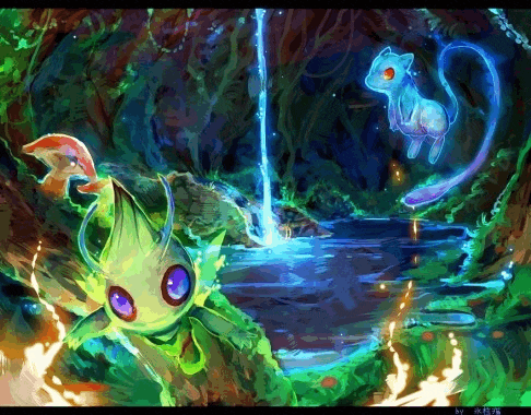 a painting of a waterfall with pokemon in it