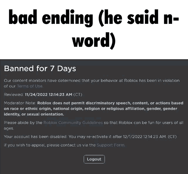 a screenshot of a page that says bad ending ( he said n-word )