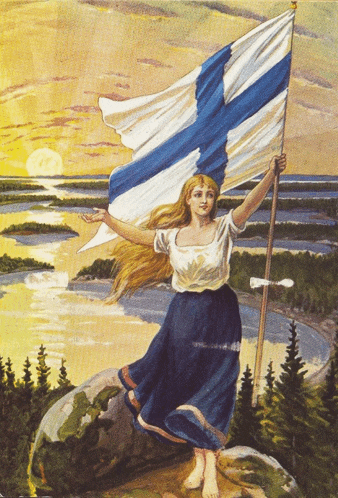 a painting of a woman holding a flag with a blue cross on it