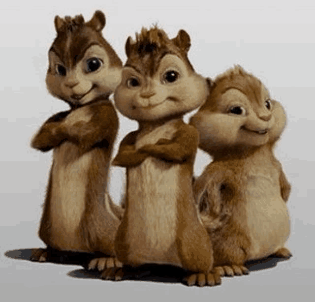 three cartoon chipmunks are standing next to each other with their arms crossed .