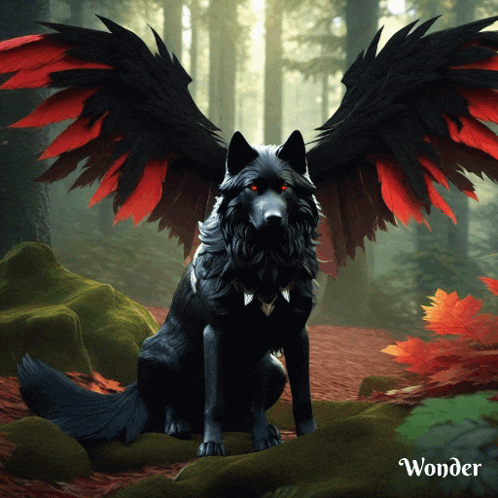 a black wolf with red wings is sitting on a rock with wonder written on the bottom