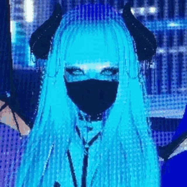 a girl with blue hair and horns is wearing a mask and a choker .