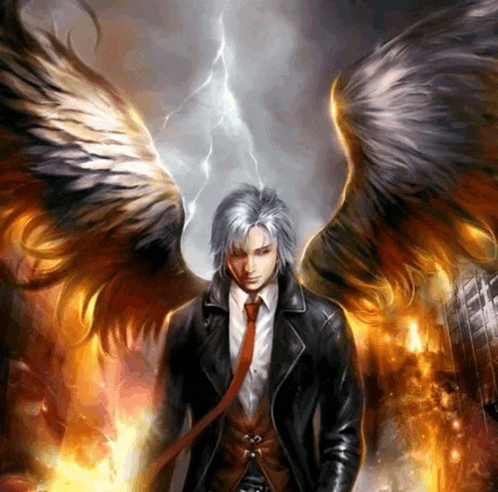 a painting of a man with wings and a lightning bolt in the background