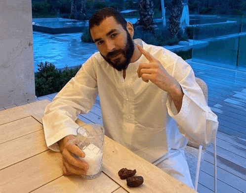 a man with a beard is sitting at a table with a glass of milk and dates