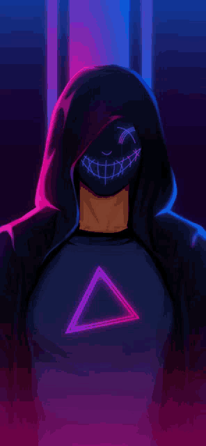 a man wearing a hoodie and a mask with a neon triangle on his shirt