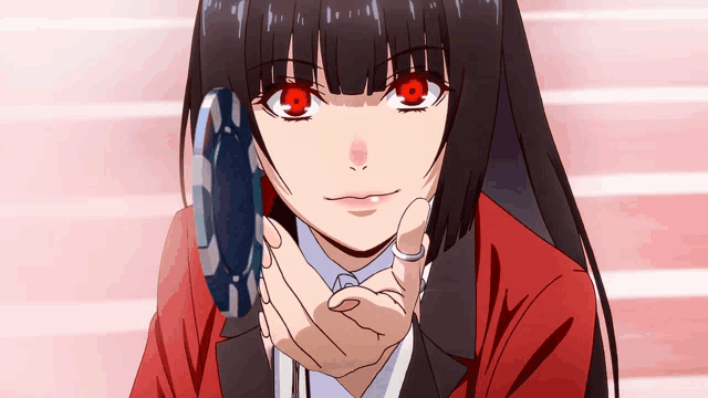 a girl with red eyes is holding a blue and white poker chip