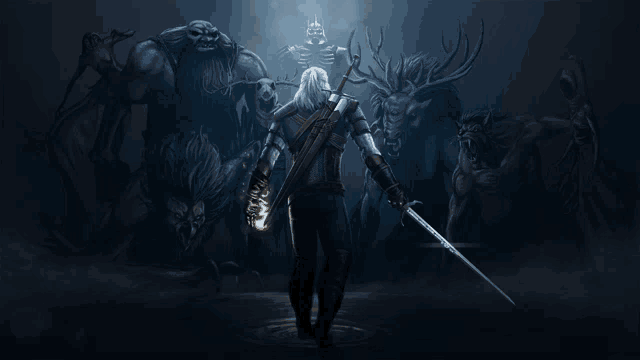 a man holding a sword stands in front of monsters